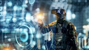 Military of the future: Soldier in glasses of AI virtual reality.