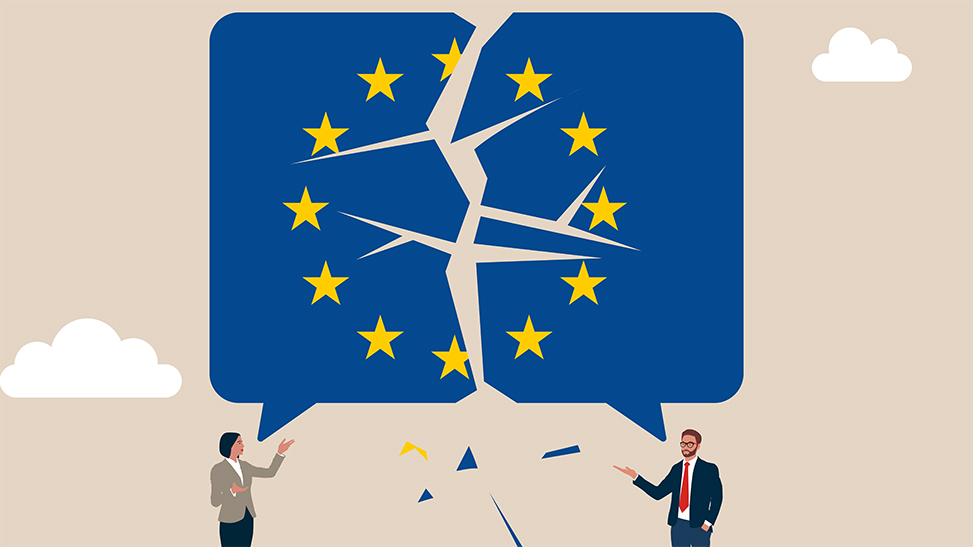 A fractured speech bubble of the EU flag, symbolizing deepening divisions.