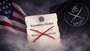 A U.S. executive order marked for action sits between American and Muslim Brotherhood flags, symbolizing Washington’s move to designate select Brotherhood chapters as terrorist entities.