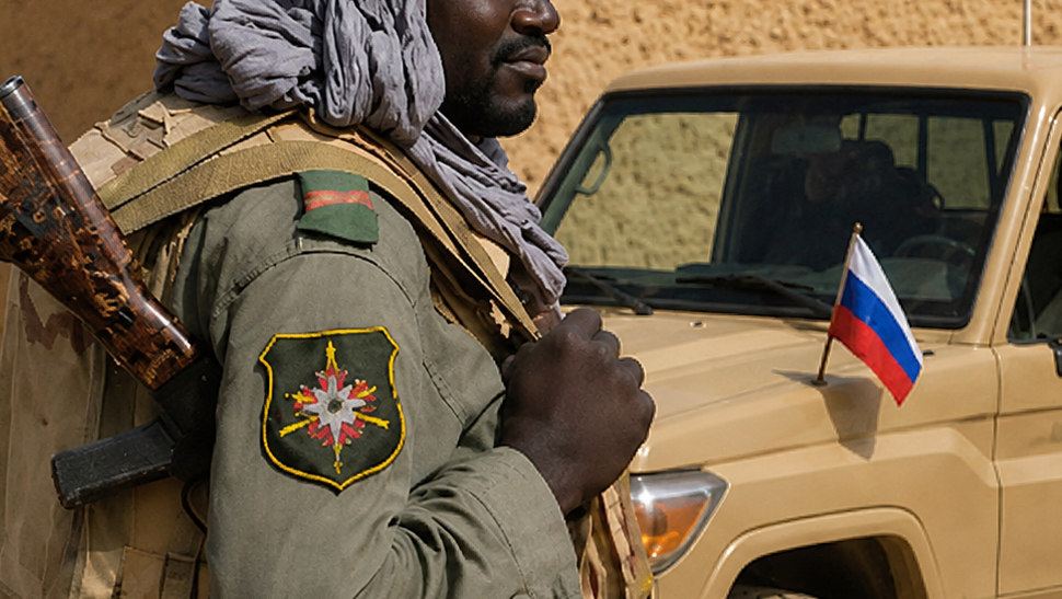 An African soldier stands in front of a truck with a Russian flag on the front.
