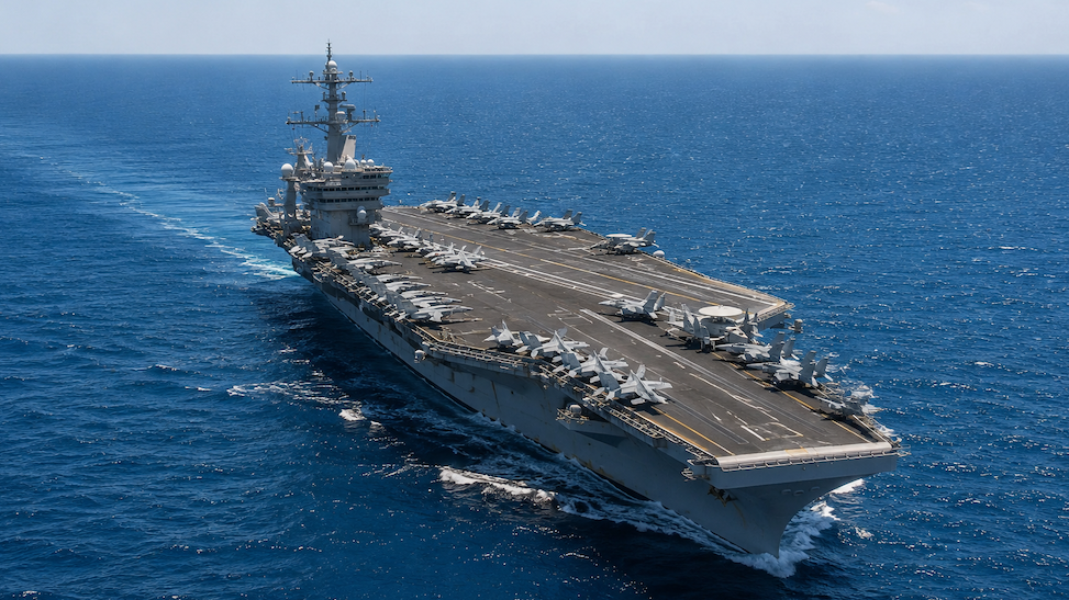 An aircraft carrier sails in the Gulf.