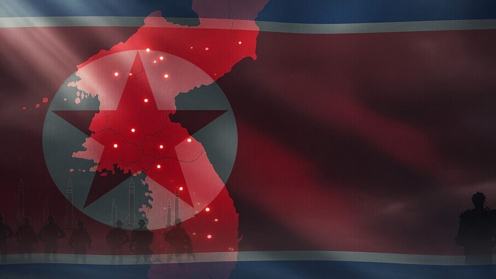 The flag of North Korea overlayed on the Korean peninsula, with shadowy military figures visible.
