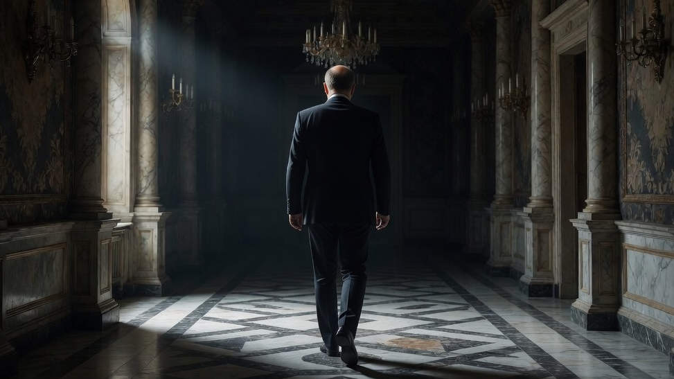 Putin walks down a dark, marble hallway alone.