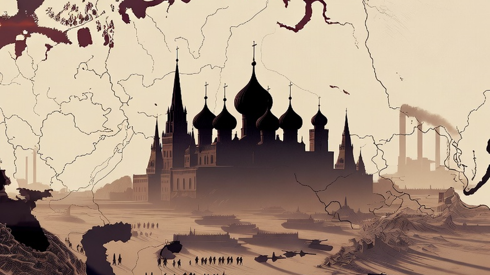 The skyline of the Kremlin set against a map of Russia.